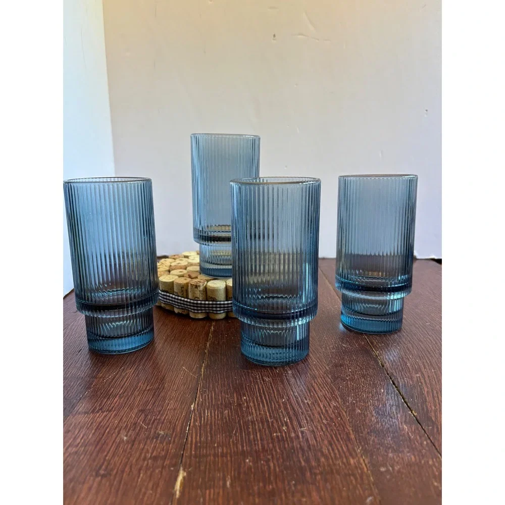Vintage Blue Ribbed Highball Glasses Set of 4 Stackable Fluted Tumblers 6 inch